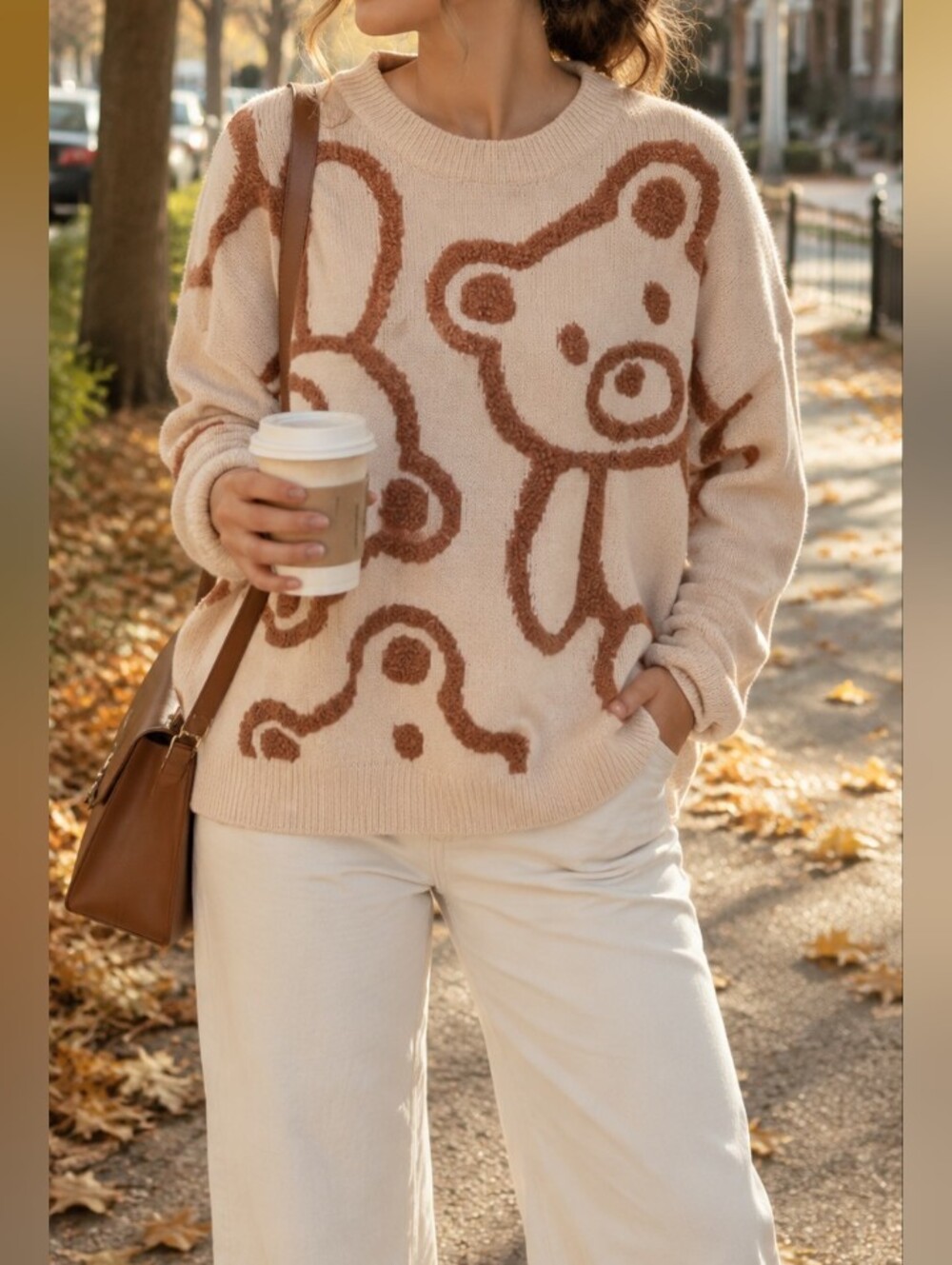 Dreamers Cream Brown Teddy Bear Motif Knit Sweater Boxy Oversized Cozy